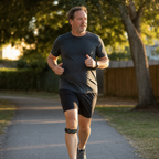 Runner wearing the Clariven knee strap on a park trail