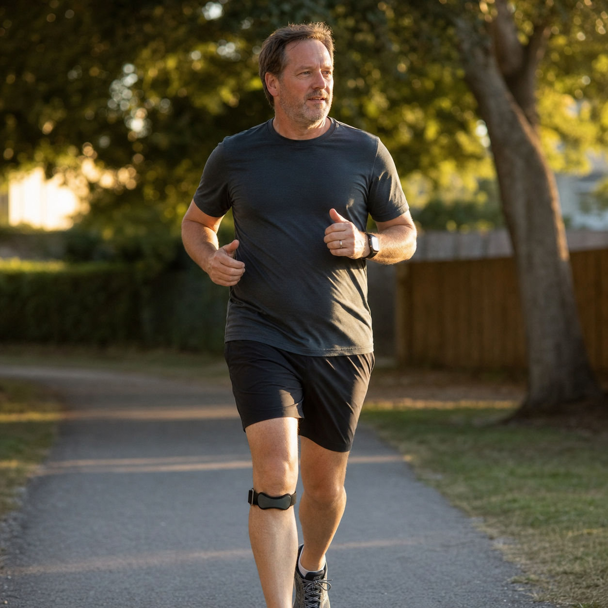 Runner wearing the Clariven knee strap on a park trail